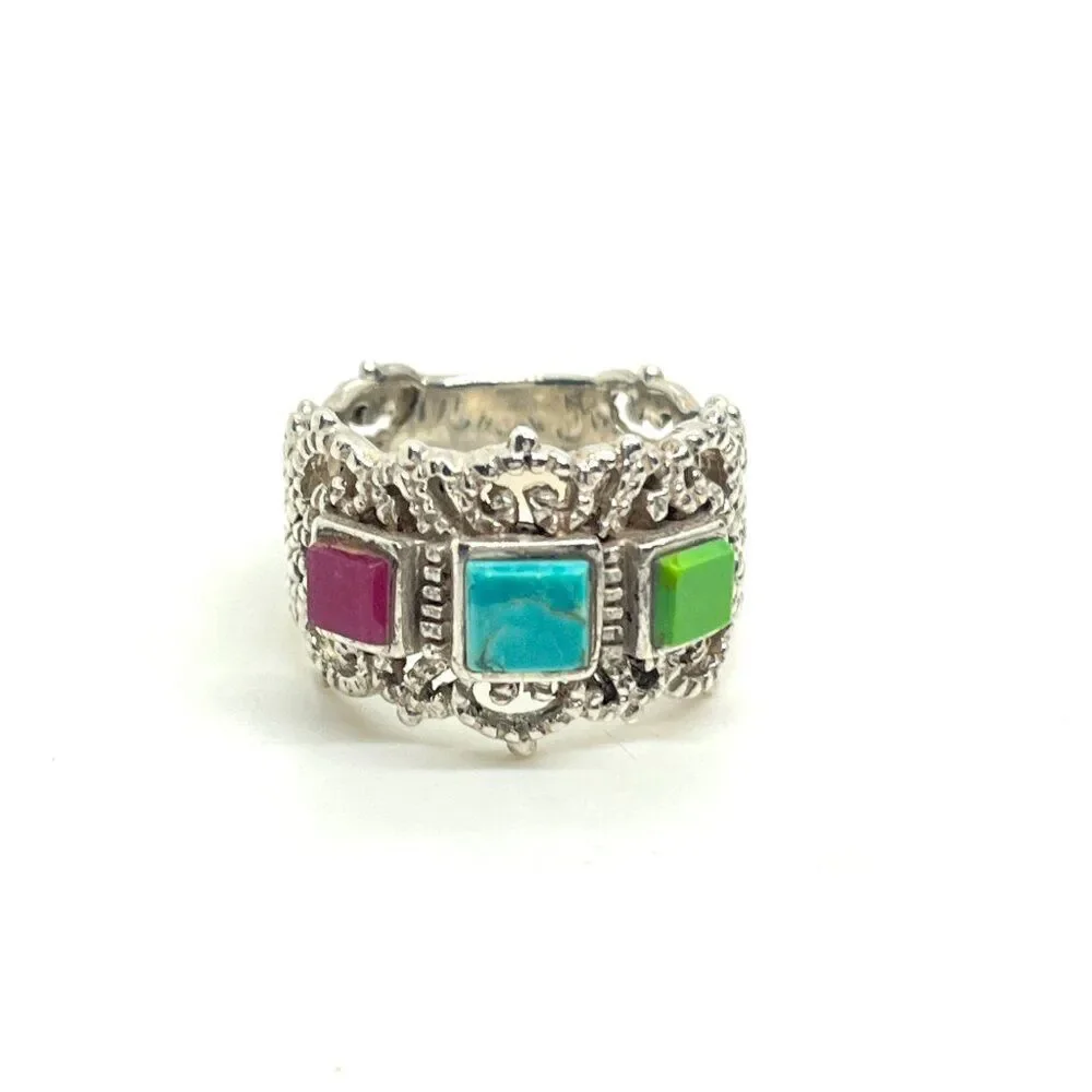 STERLING SILVER RING Multi Stone Inlay Wide Band Statement Boho Sz 8